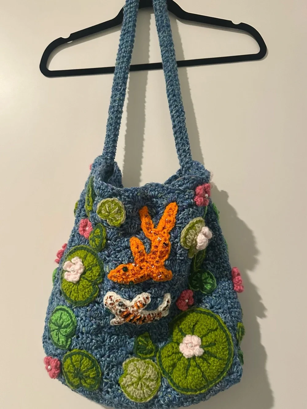 Handmade Blue Crocheted Lily Pad Tote with Embroidered Fish